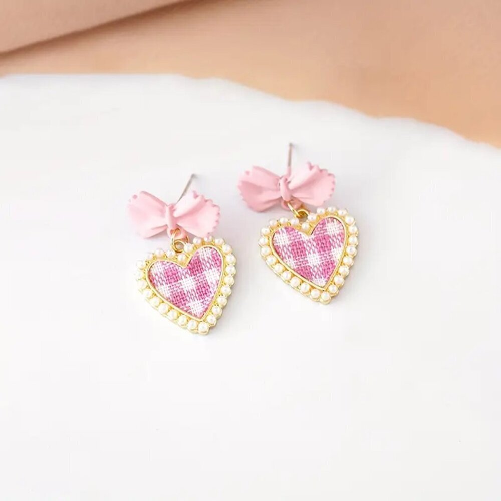 NEW pink checkered bow earrings coquette bow jewelry pink bow dangle earrings - Picture 3 of 4